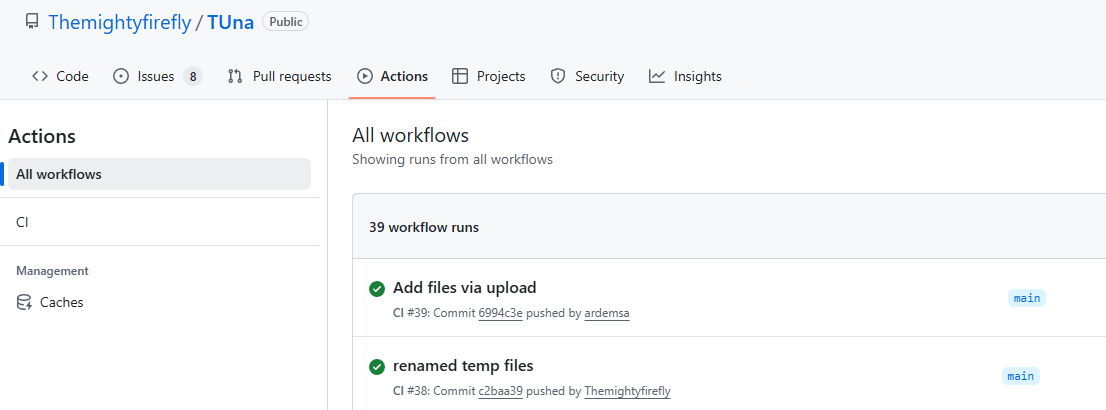 Actions tab in the TUNa GitHub repository